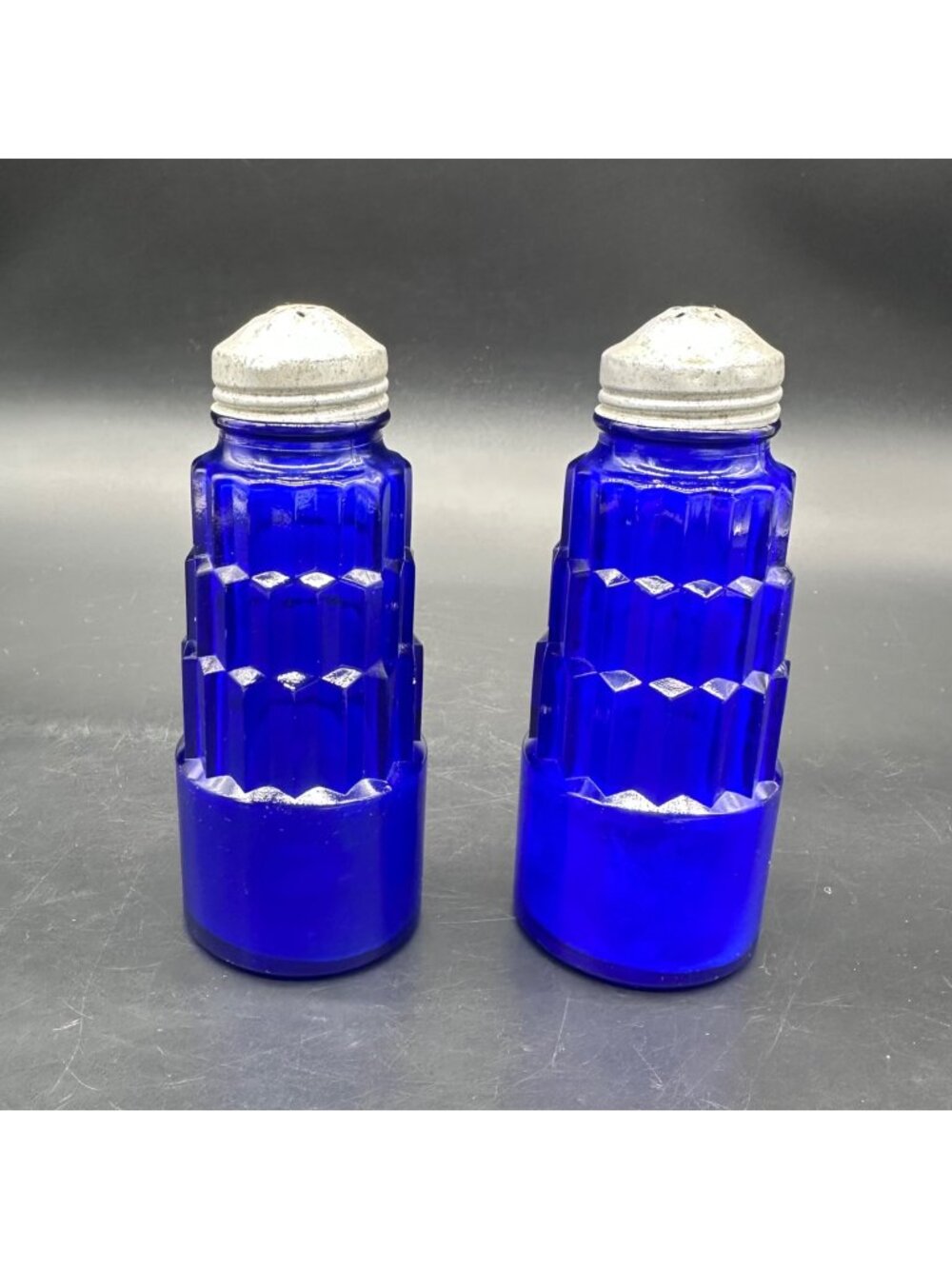 Vintage Hazel Atlas Cobalt Blue Glass Shakers Art Deco Ziggurat Skyscraper 1930s